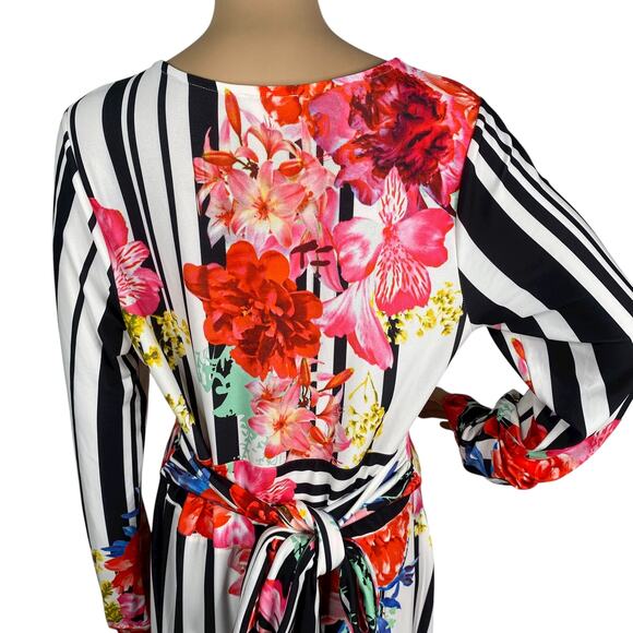 Venus Black White Striped Floral Belted High-Low Duster Tunic Top SZ L - Picture 8 of 11